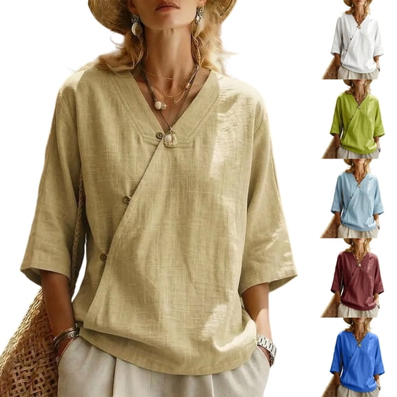 Women's V-Neck Asymmetrical Linen Blend Blouse - 3/4 Sleeve Casual Button Detail Tunic Top with Loose Fit, Lightweight Solid Boho Shirt for Summer & Vacation Blue L