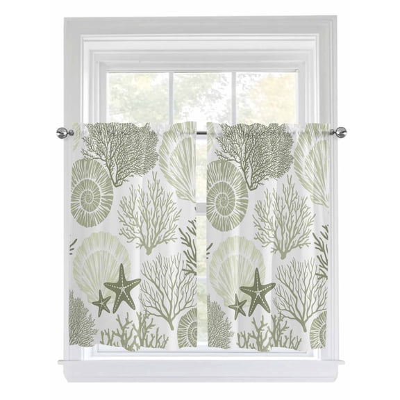 Kitchen Curtains 54 Inches length, Coastal Sage Green Window Treatment Curtain Drapes, Ocean Coral Starfish Shell Modern Decorative Window Curtains for Bedroom Cafe, 52"x54", 2 Panels