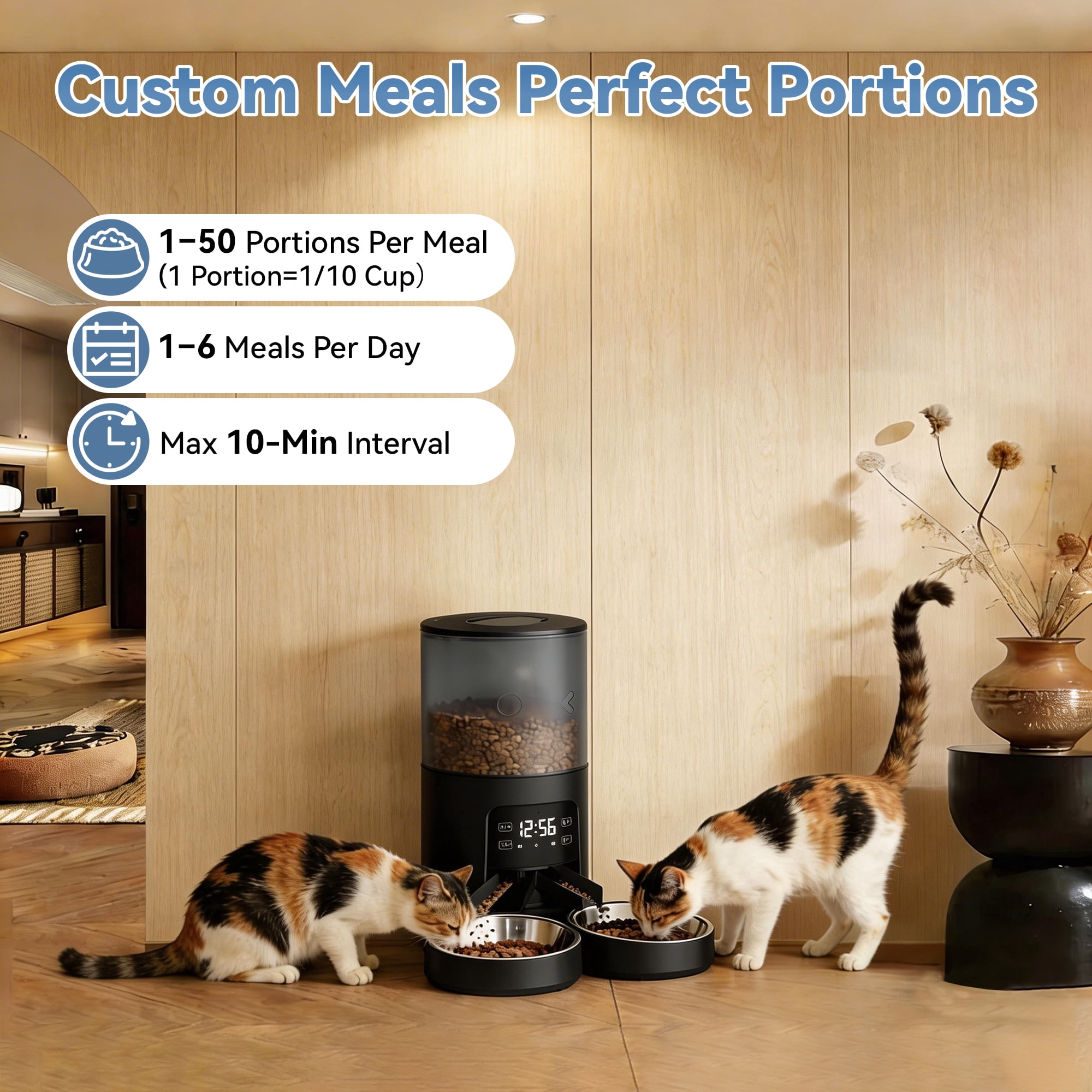 SHOUFTW 6L Automatic Pet Feeder for Cats & Dogs, Timed Dry Food Dispenser with Portion Control, Voice Recorder, Dual Power,Black