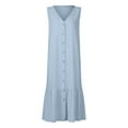 thumbnail image 4 of Atogsazn Sundresses for Women Casual Loose Solid Solor Button Pocket Sleeveless V-Neck Long Dress Plus Size Summer Dresses Light Blue M on Clearance, 4 of 5