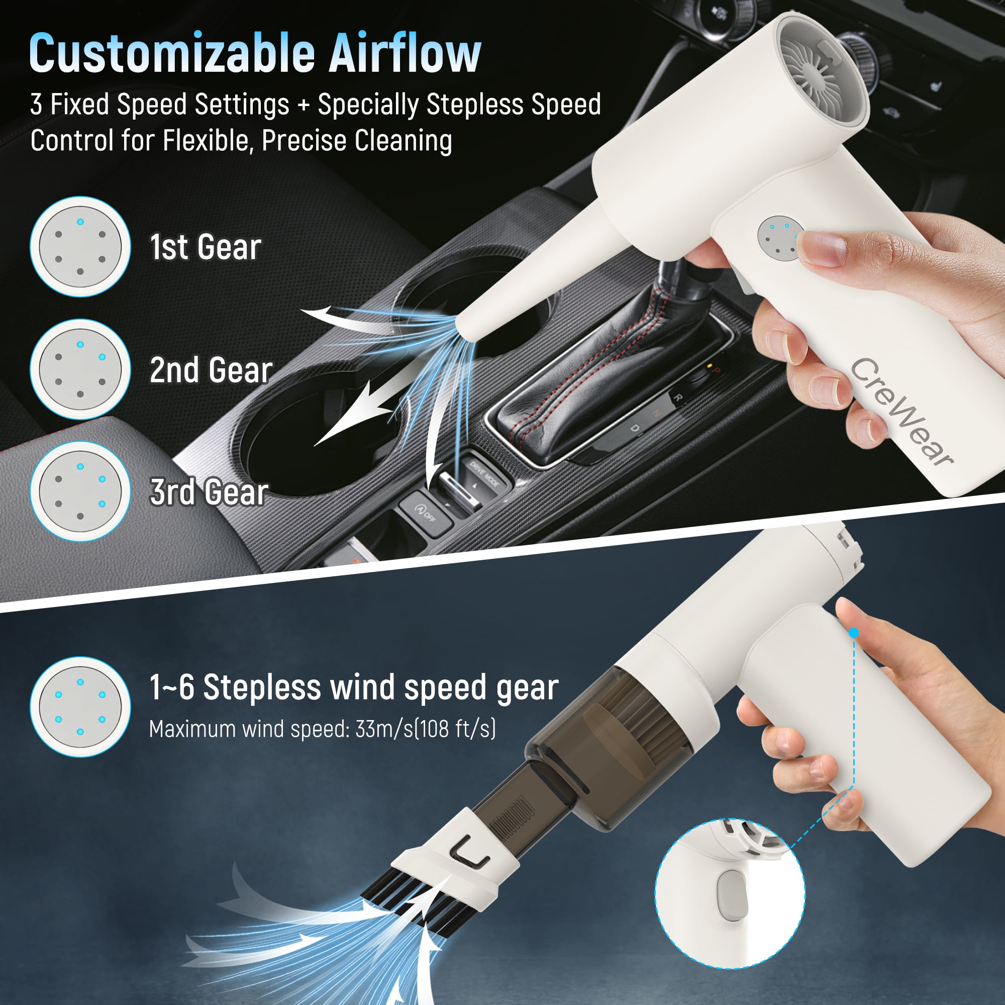 CreWear 2-in-1 Compressed Air Duster and Mini Vacuum, 11000 RPM Cordless Rechargeable Electric Blower with LED Light for Keyboard, Computer and Car