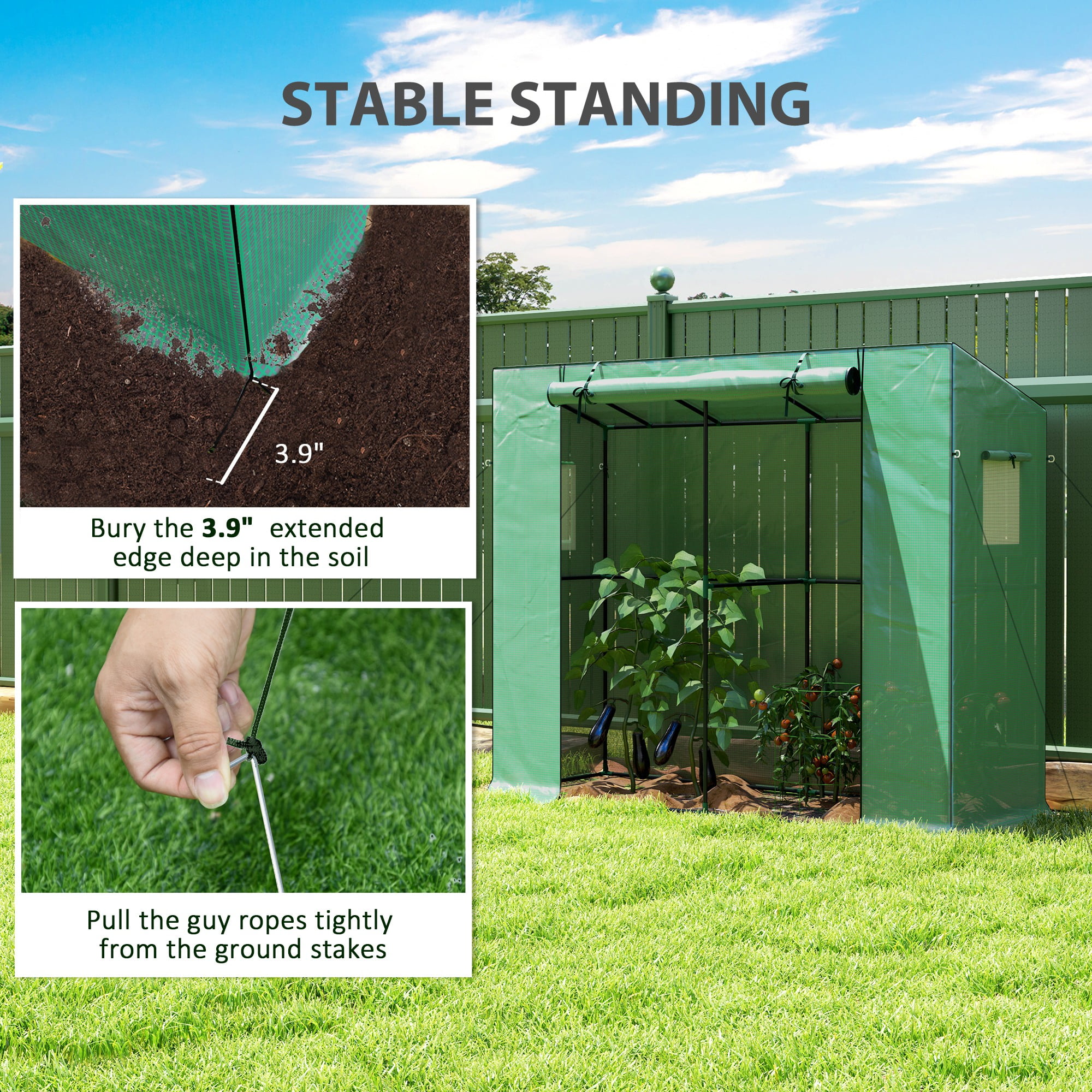 FASCK 6.6' x 2.5' x 5.6' Lean-to Small Greenhouse for Outdoors, Portable Greenhouse with UV-Resistant PE Cover, Walk-in Green House with Roll-up Door and Mesh Windows,Green