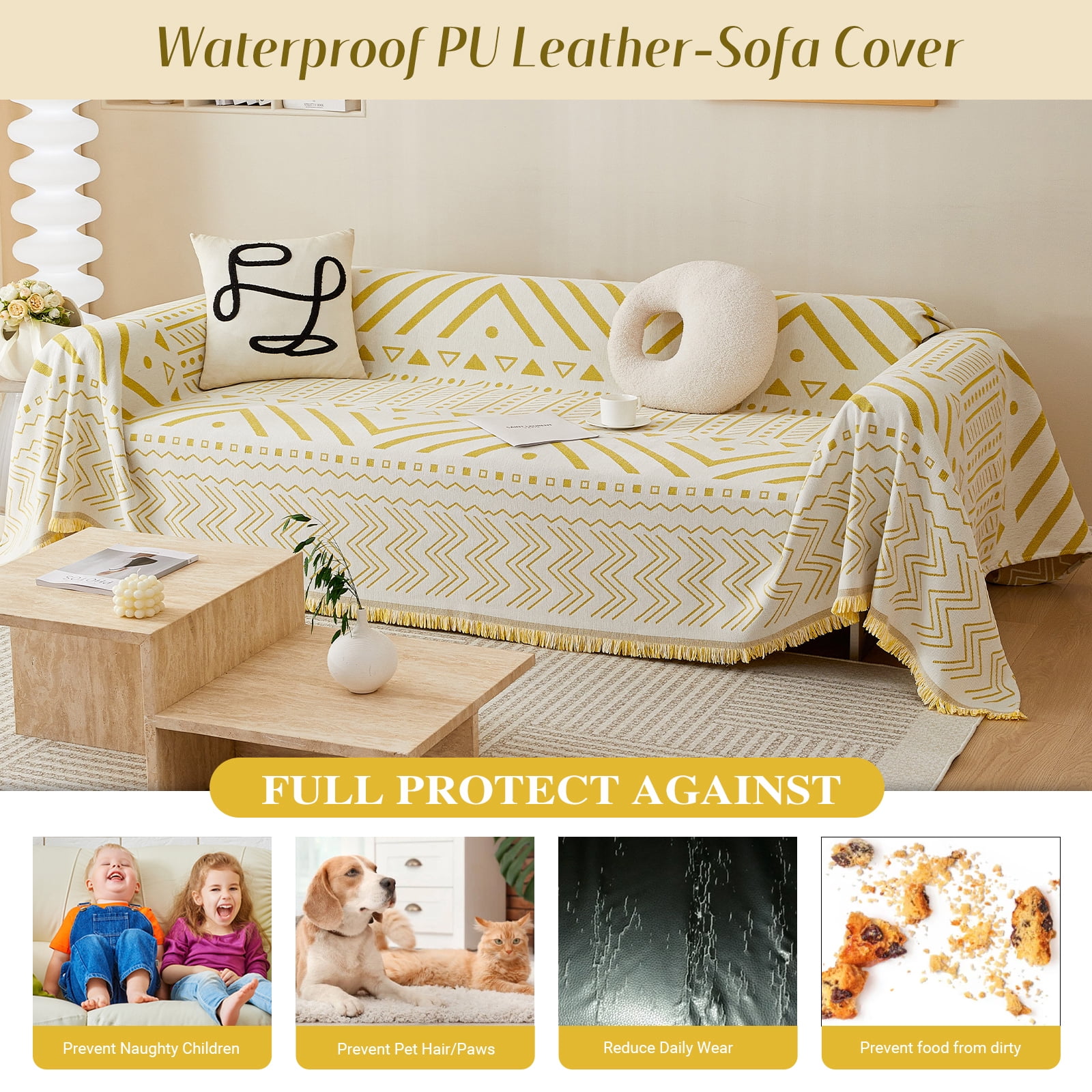 WOOW DEPOT Boho Chenille Sofa Cover Reversible w/ Tassel, Washable Throw Blanket L Shape Slipcover for 2 Cushion Couch, Mustard Yellow & White Geometric, 71"x118"