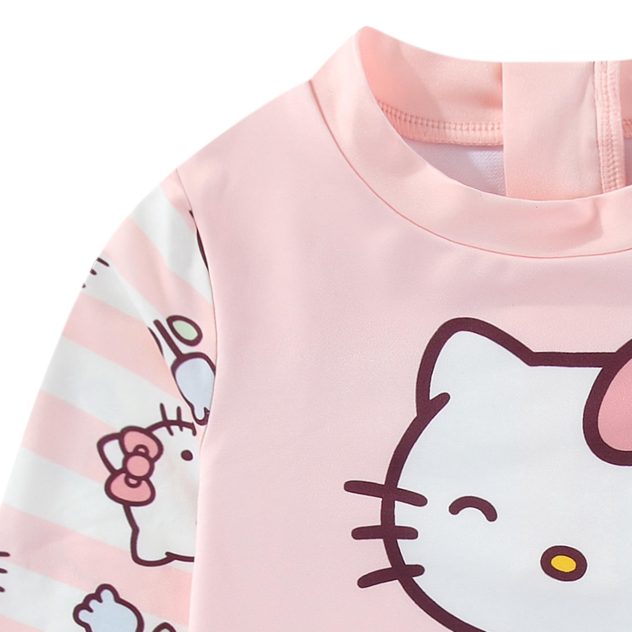 Hello Kitty Sanrio UPF 50+ Long Sleeve Rash Guard and Bikini Bottom Two Piece Swimsuit Set (Girls), Sizes 5-10