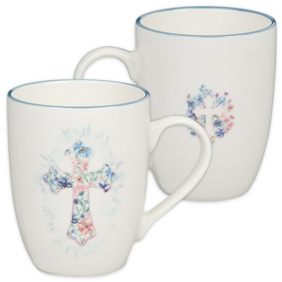 Christian Art Gifts Ceramic Coffee and Tea Mug for Women: Floral Cross Design, Inspirational Encouraging Drinkware, Blue, (Hardcover)