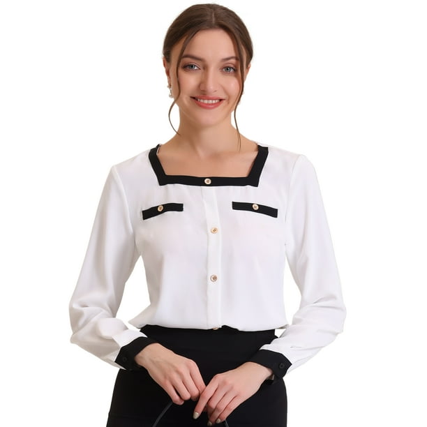 Blusa de cuello cuadrado elegante de manga larga de color de contraste de camisa de trabajo para mujer blanco XL