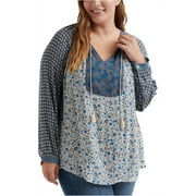 Lucky Brand Womens Border Print Peasant Blouse, Blue, 1X