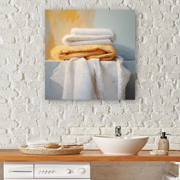 Designart "Coastal Towels in White and Orange Laundry II" Illustration Canvas Wall Art - Modern White Laundry Entryway Wall Art Print