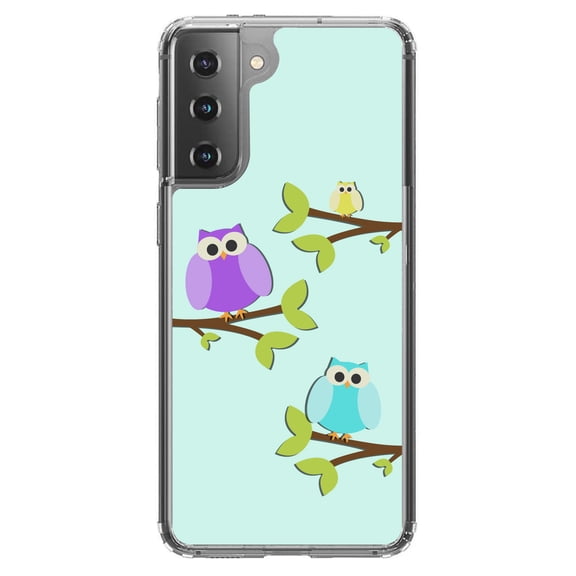 DistinctInk Clear Shockproof Hybrid Case for Galaxy S21 5G (6.2" Screen) - TPU Bumper, Acrylic Back, Tempered Glass Screen Protector - Blue Purple Yellow Owls - Cartoon Owls
