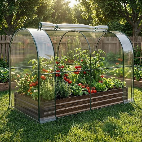 SLSY Galvanized Raised Garden Bed with PVC Cover,Metal Planter Bottomless Box w/ Roll-Up Window,Mini Greenhouse Tent for Vegetables Flower Fruit