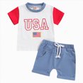thumbnail image 3 of peqiut 4th of July Baby Boy Outfit Short Sleeve Independence Day Letter USA Flag Embroidery T Shirt Top And Shorts Set 2PCS July Fourth Clothes Set, 3 of 6