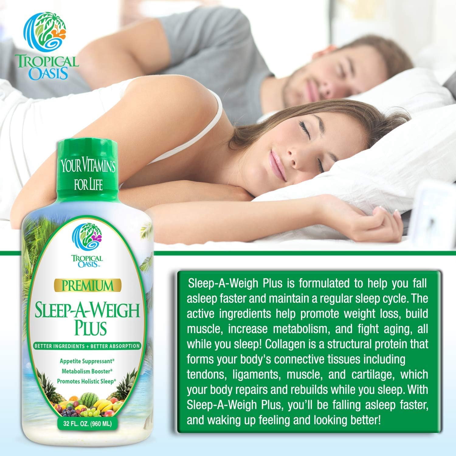 Tropical Oasis Sleep-A-Weigh Plus, Liquid Sleep Multimineral, Blend with L-Carnitine & CLA, Strawberry Mango, 32 fl oz, 32 Servings