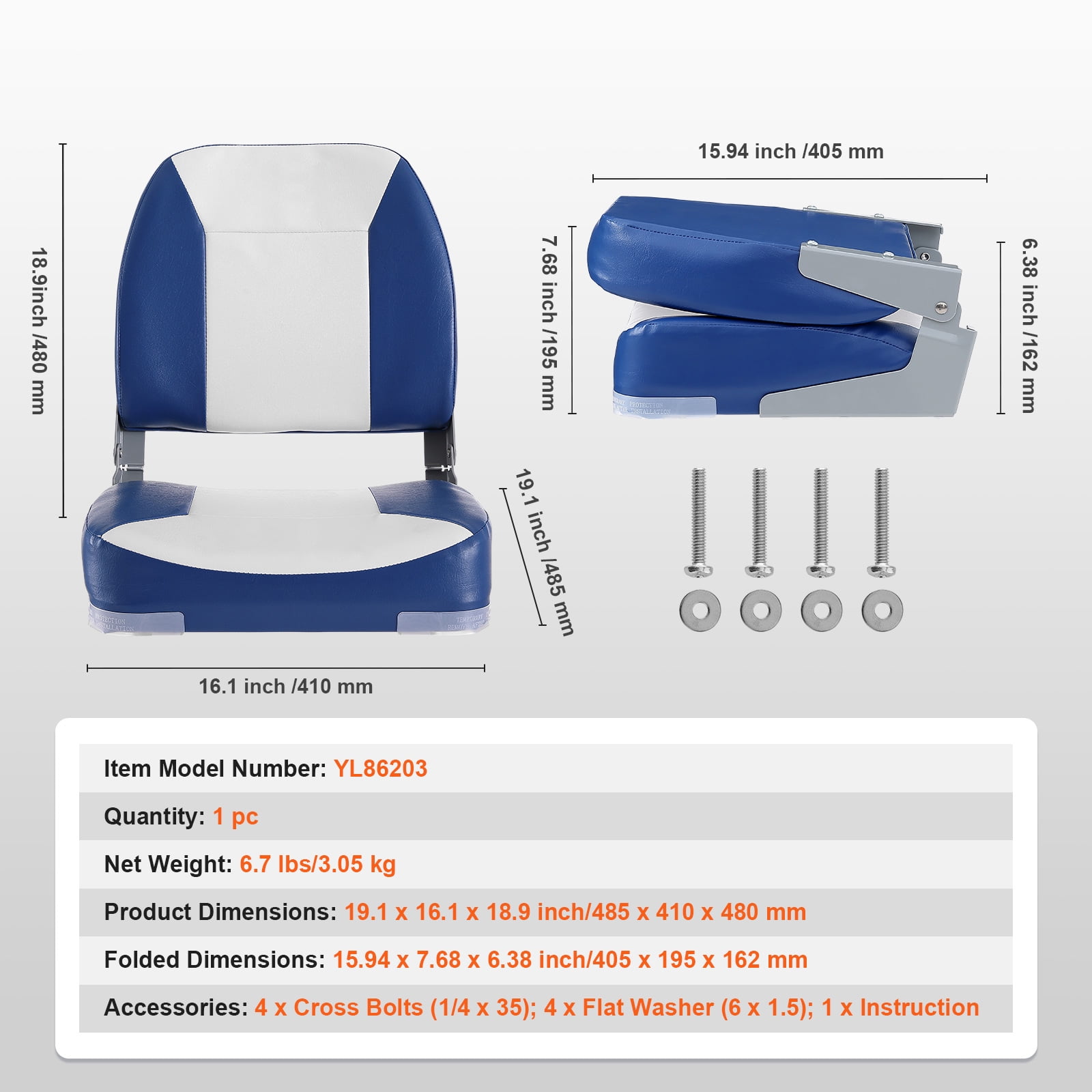 KFFKFF Marine Seat, 18.9" Compact Low Back, Thick Sponge Cushion Folding Seat for Boats, Ideal for Fishing, Touring, Speedboats, Canoes, Single Unit