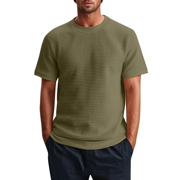 Men's Summer Short Sleeve Knitted T-Shirt Comfortable Round Neck Ribbed Design Casual Sports Holiday Top Mens Work Shirts Summer Basic Tee Shirts