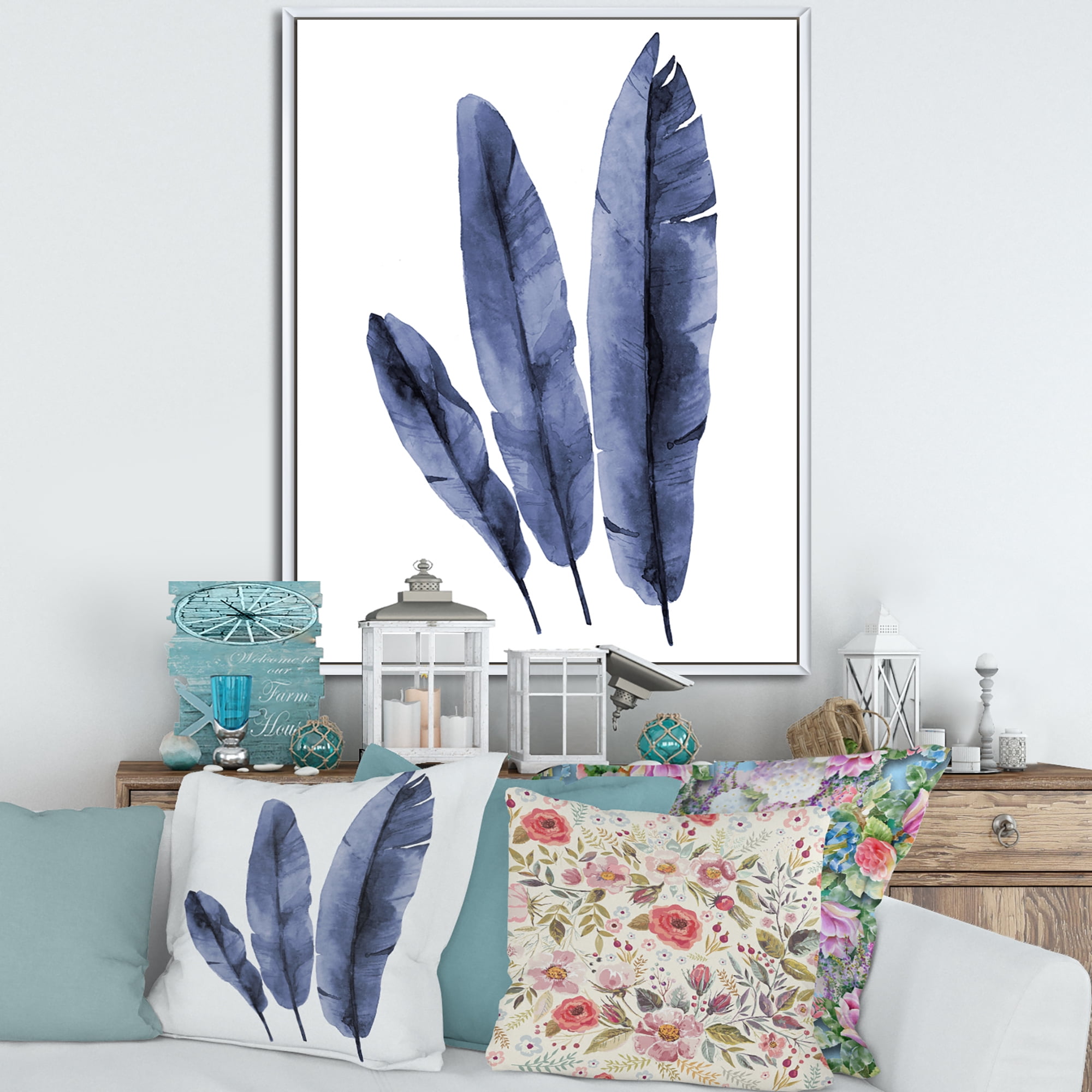 Designart 'Navy Blue Tropical Banana Leaves On White' Tropical Framed Canvas Wall Art Print