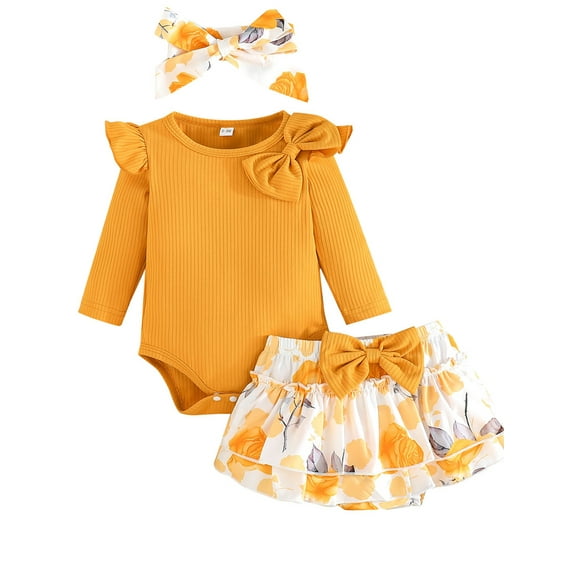 ENFLASH Newborn Baby Girl Fall Outfit Knitted Long Sleeve Romper with Bloomers Tutu Skirt Set Headband 3Pcs Cute Yellow Floral Clothes