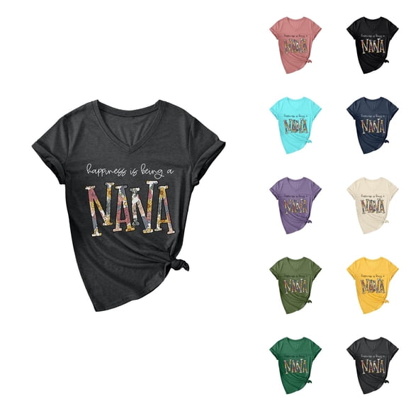 Le Bonheur, C'est d'Être une Nana T-Shirt pour Femme 2026 Été Décontracté à Manches Courtes Col en V Mignon T-Shirt Graphique Grand-Maman T-Shirt Fête des Mères