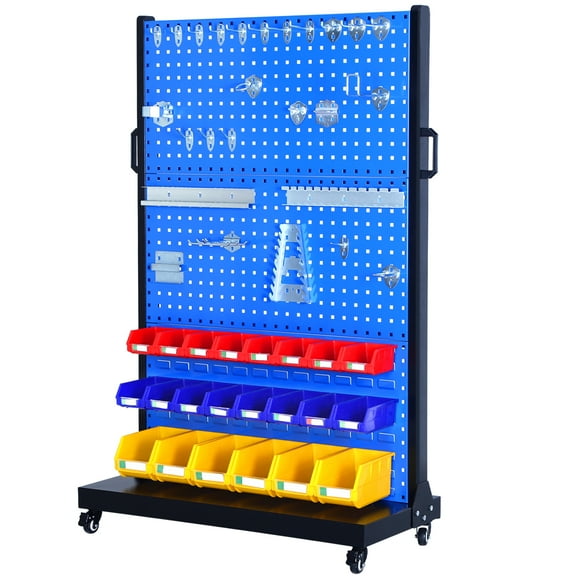 Temolulu Heavy Duty Metal Shelving Unit, Mobile Garage Storage Rack with Adjustable Shelves, Tool Hooks & Organizer Bins for Screw, Bolt & Parts Organization