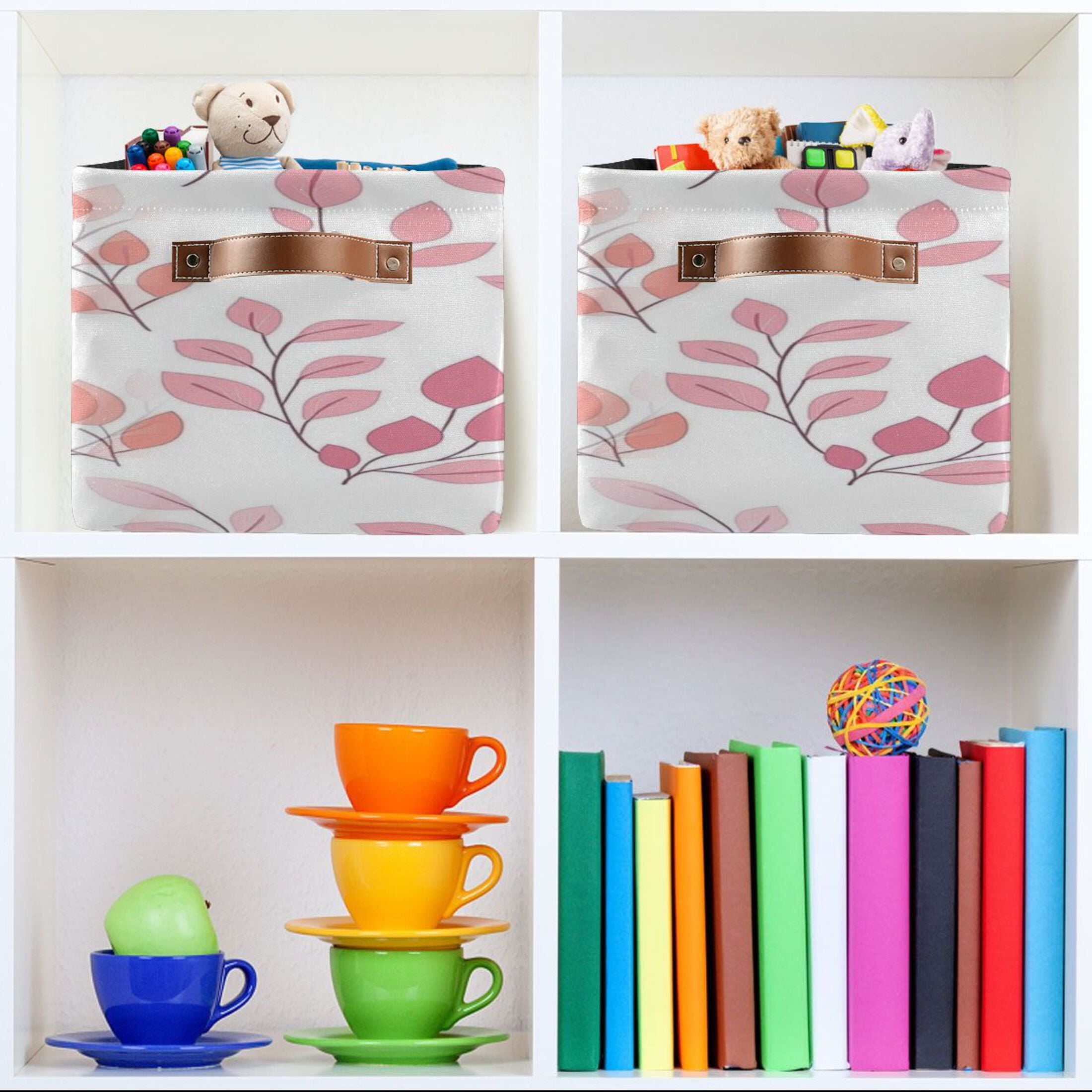 Pink and Coral Leaves Foldable Storage Basket,Canvas Fabric Foldable Storage Bins with Handles Open Home Storage Bins Boxes for Toy Book Shelf Closet Baskets
