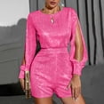 thumbnail image 2 of Odeerbi Solid Color Sequin Jumpsuits for Women 2024 Fashion Ethnic Style Solid Cold Shoulder Pants Suspender Long Sleeve Jumpsuit Hot Pink, 2 of 6