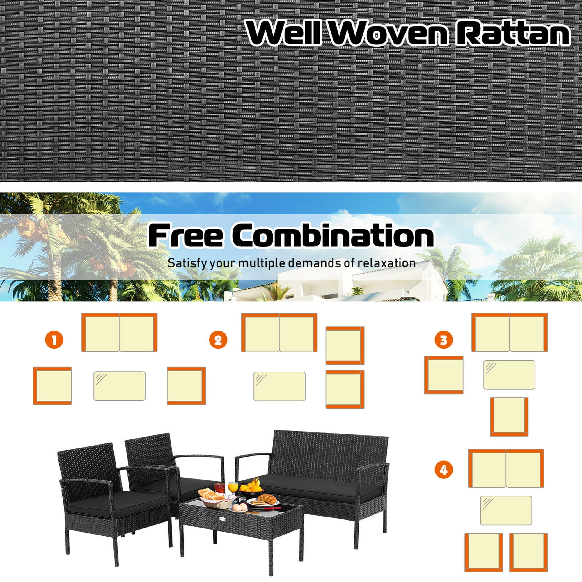 Gymax Fashion 8PCS Rattan Patio Conversation Set Outdoor Wicker Furniture Set w/ Cushions
