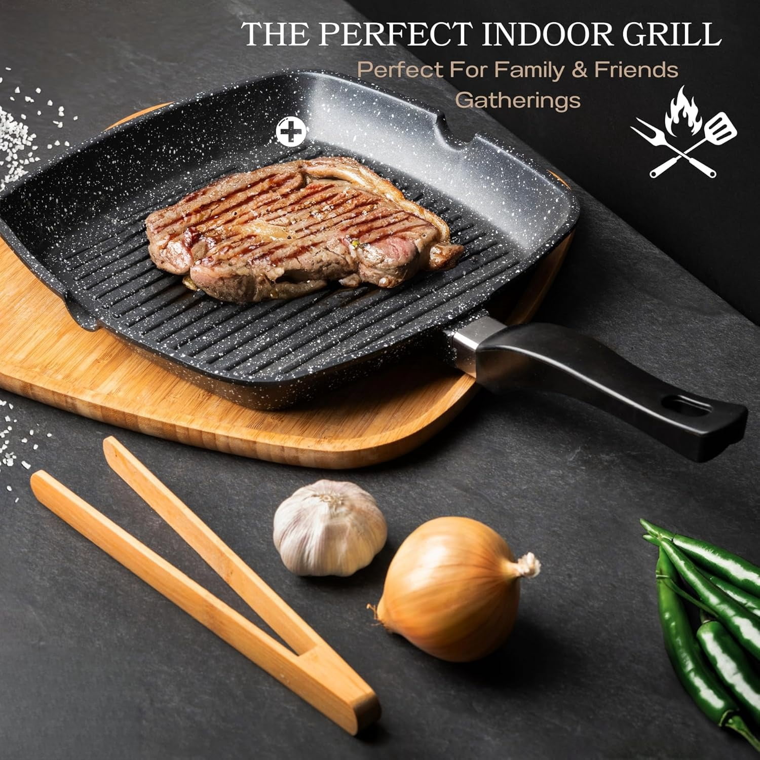 Aluminum Nonstick Grill Pan for Stove Tops, Versatile Griddle Skillet with Pour Spouts, 11 Inch Square Grill Pan Big Cooking Surface, Durable Skillet For Indoor Cooking & Outdoor Grilling