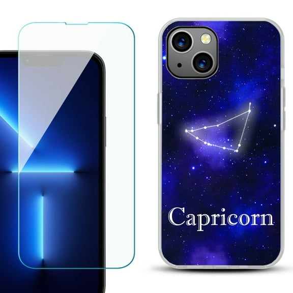 Slim-Fit TPU Phone Case for iPhone 14 Plus, with Tempered Glass Screen Protector, by OneToughShield ® - Capricorn