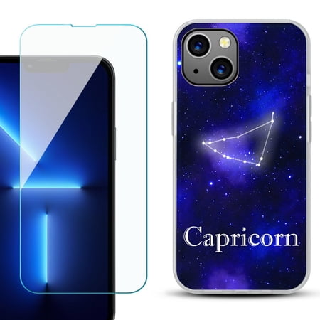 Slim-Fit Gel TPU Phone Case for iPhone 14 with Tempered Glass Screen Protector by OneToughShield ® - Capricorn