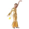 thumbnail image 2 of Sinleey Kids Girls Shiny Metallic One Shoulder Flare Sleeve Dance Jumpsuit Bodysuit Prom Pageant Gold 8, 2 of 7