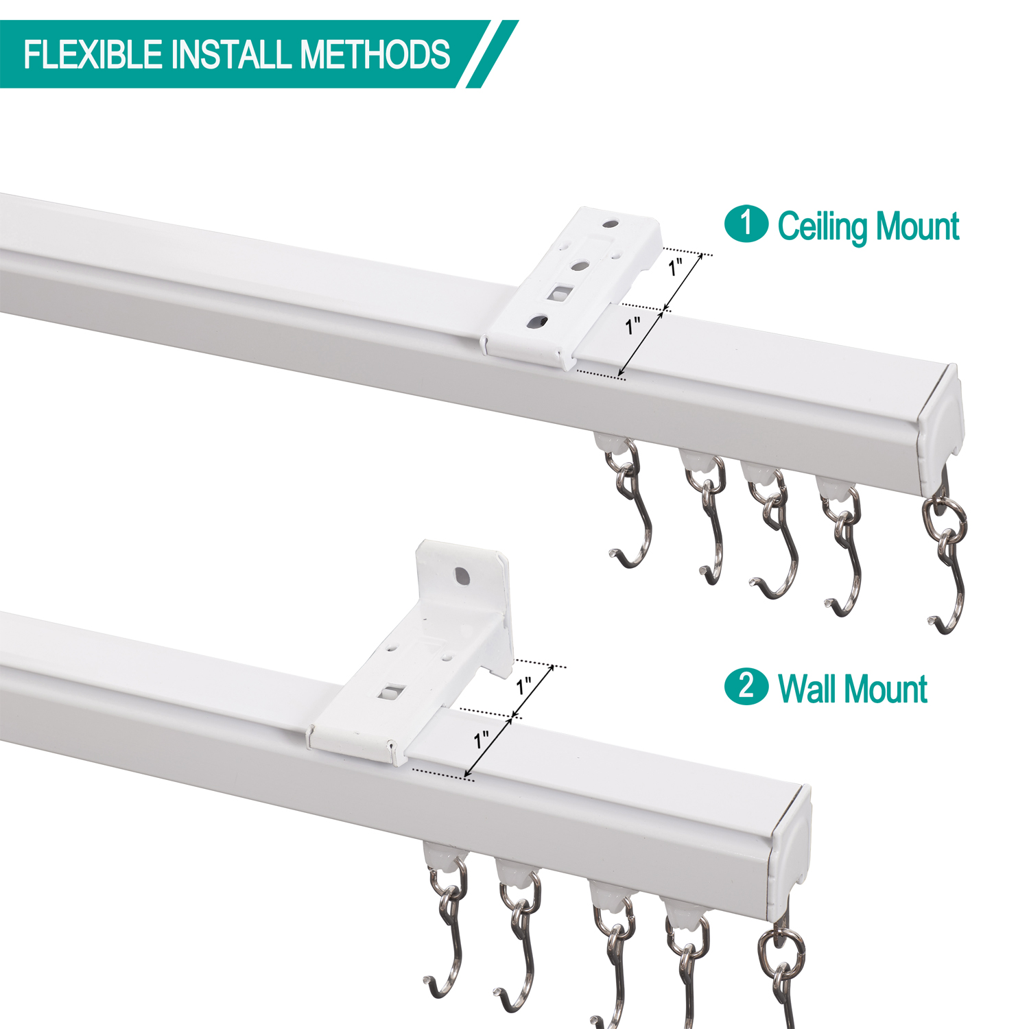 TWOPAGES Ceiling or Wall Mount Track Kit with Hooks, Small Size for Space 3ft - 6ft Wide, Work for Grommet and Pinch Pleat Curtain