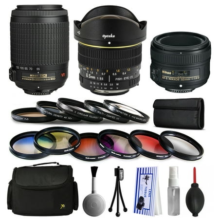 Nikon VR 55-200mm Lens + 50mm f/1.8G + 6.5mm f/3.5 Fisheye Lens Bundle Package + Filters & Accessories for Nikon DF D7200 D7100 D7000 D5500 D5300 D5200 D5100 D5000 D3300 D3200 D3100 D3000 D300S