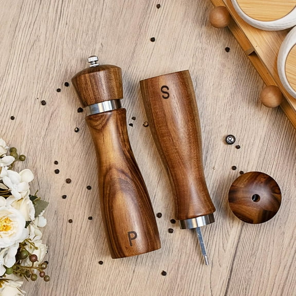 2 Pack Acacia Wood Salt and Pepper Grinder Set, Wooden Salt and Pepper Mill Set Salt and Pepper Shaker Tableware Birthday Gifts Ceramic Core-8 Inch