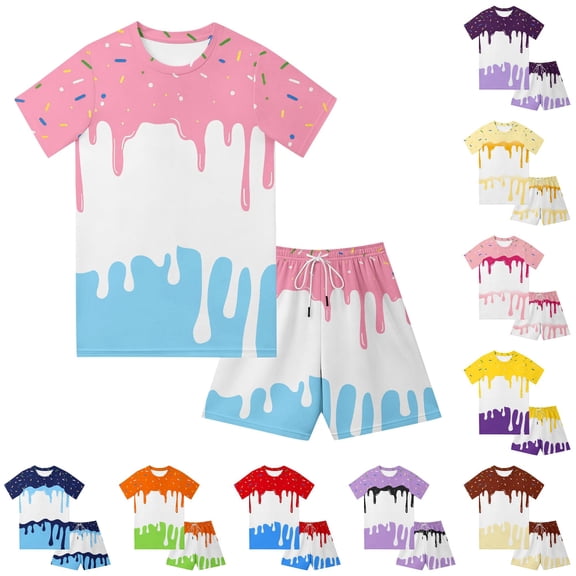 Toddler Boys Girls 2 Piece Outfits Short Sleeve Kids Ice Cream Drip Print T-Shirt and Shorts Set Summer Cool Clothes Sets Cute Cartoon Vacation Clothing Cute Outfits