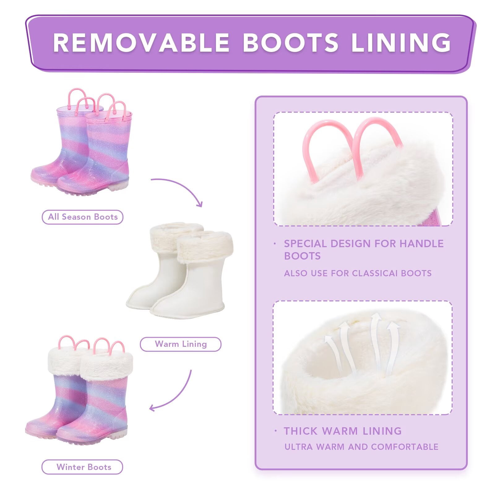FUNCOO PLUS Girls Light Up Rain Boots Toddler Kids Warm Lined Winter Boots, Pink&purple, Big Kid Size 3