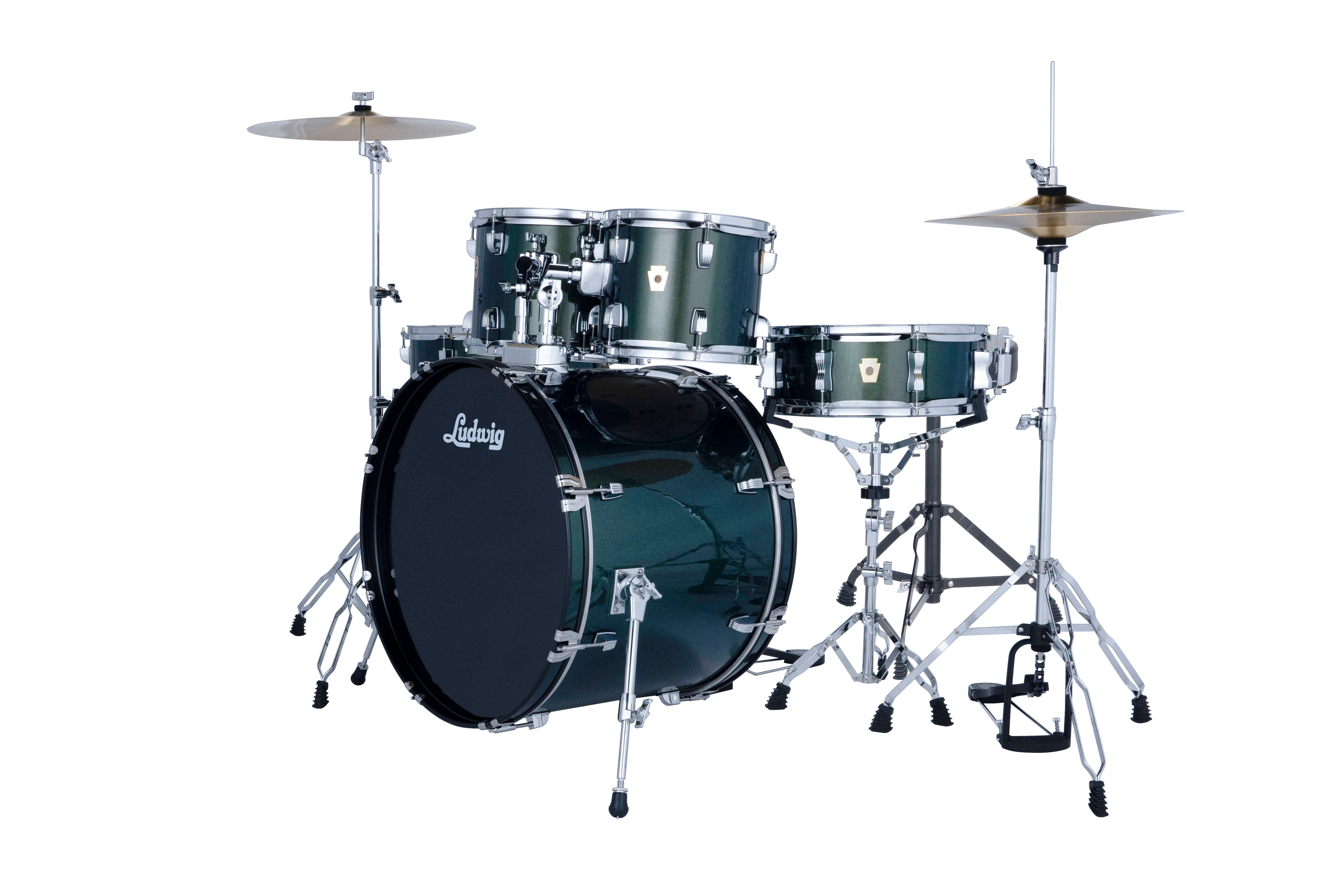 Ludwig Accent Drive 5PC Drum Set W/Hardware & Wuhan Cymbals, 22" Bass Drum, Jade Dust