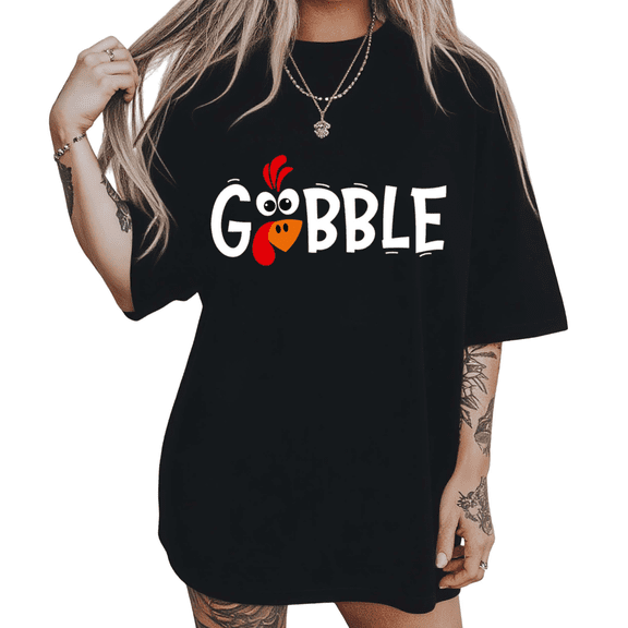 UNISHE Womens Gobble Turkey Thanksgiving Graphic Short Sleeve Crewneck T-Shirt S-5XL Black Tops