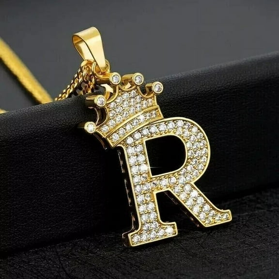 New Jewels 1.25Ct Real Moissanite Crown Initial Letter "R" Pendant 14K Yellow Gold Plated
