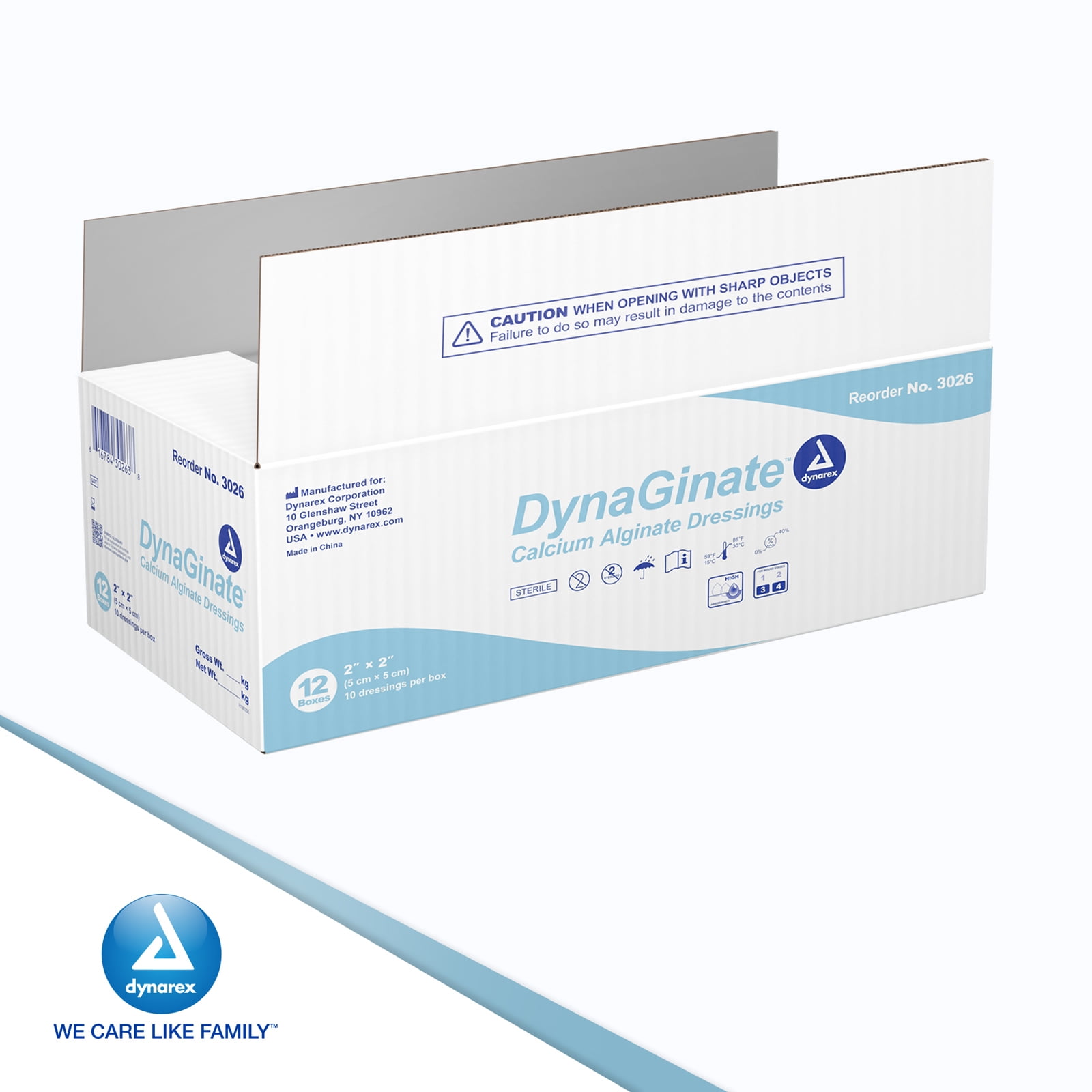 Dynarex DynaGinate Calcium Alginate Wound Dressing - Sterile, Non-Stick Topical Wound Pads - Absorbent Gel Patches For Moderate To High Exuding Cuts - 2" x 2", 1 Case of 120