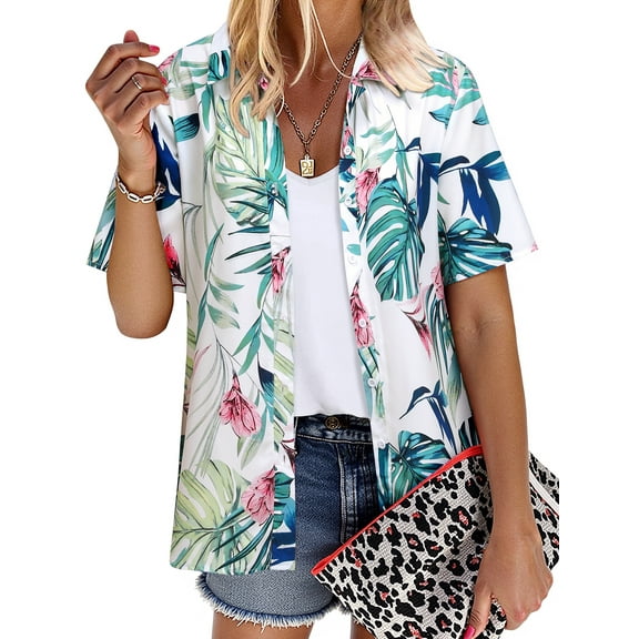 NFTOEIULA Women Hawaiian Floral Print Oversized Short Sleeve Shirt T-shirt