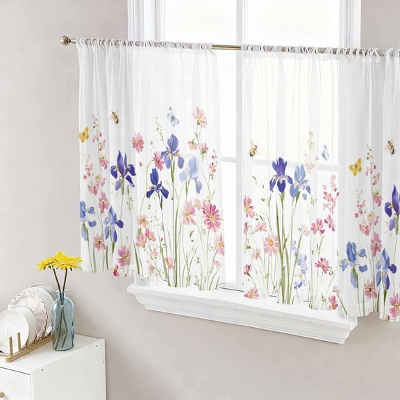 Spring Floral Sheer Curtains 54 Inch Length 2 Panels Set, Watercolor Summer Botanical Flowers Voile Window Treatment Rod Pocket Short Kitchen Curtains Drapes for Bedroom 52"x54"x2