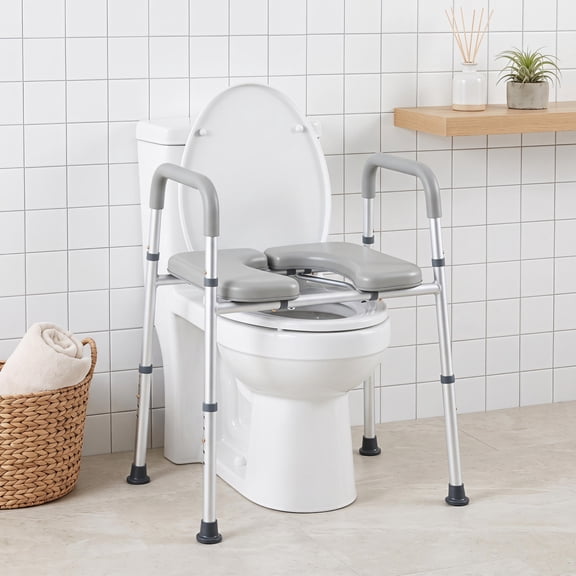 Raised Toilet Seat with Handles, 400 Lb Support, Adjustable Height, Non-Slip Frame