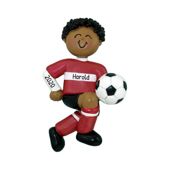 Ornaments by Elves Personalized African American Boy Soccer Player in Red Uniform Ornament .25lbs