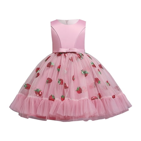 

TIREOW Daily Girls Dress Kids Children s Summer Sleeveless Lace Neck Patchwork Sleeveless Princess Dress Strawberry Pattern Dress Fashionable Evening Dress(4-5 Years Pink)