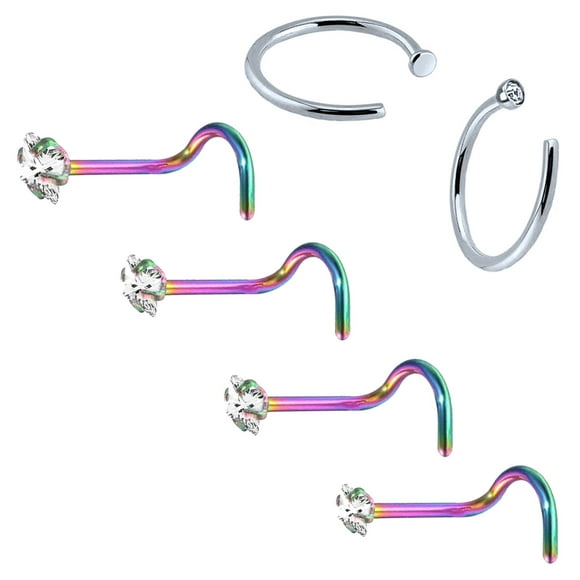 BodyJ4You 6PCS Nose Screw Stud 20G Stainless Steel Rainbow Nostril Hoop Ring Piercing Jewelry (0.8mm)