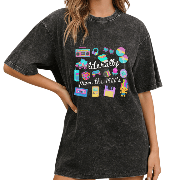 S-2XL Womens Vintage Wash T Shirt Black with 90s Nostalgia Graphic Print Casual Short Sleeve Crew Neck Everyday Tee