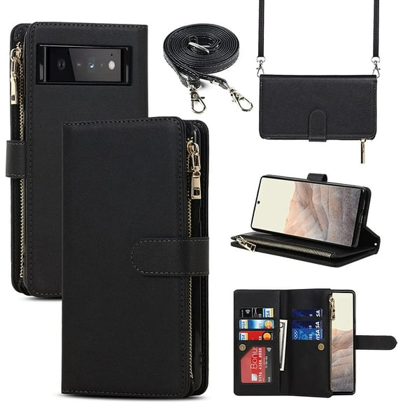 for Google Pixel 6 Phone Case Wallet for Women Men with Crossbody Strap Lanyard,Google Pixel 6 Wallet Case with Card Holer,Zipper Pocket PU Leather Phone Case for Pixel 6, 6.4 Inch, Black