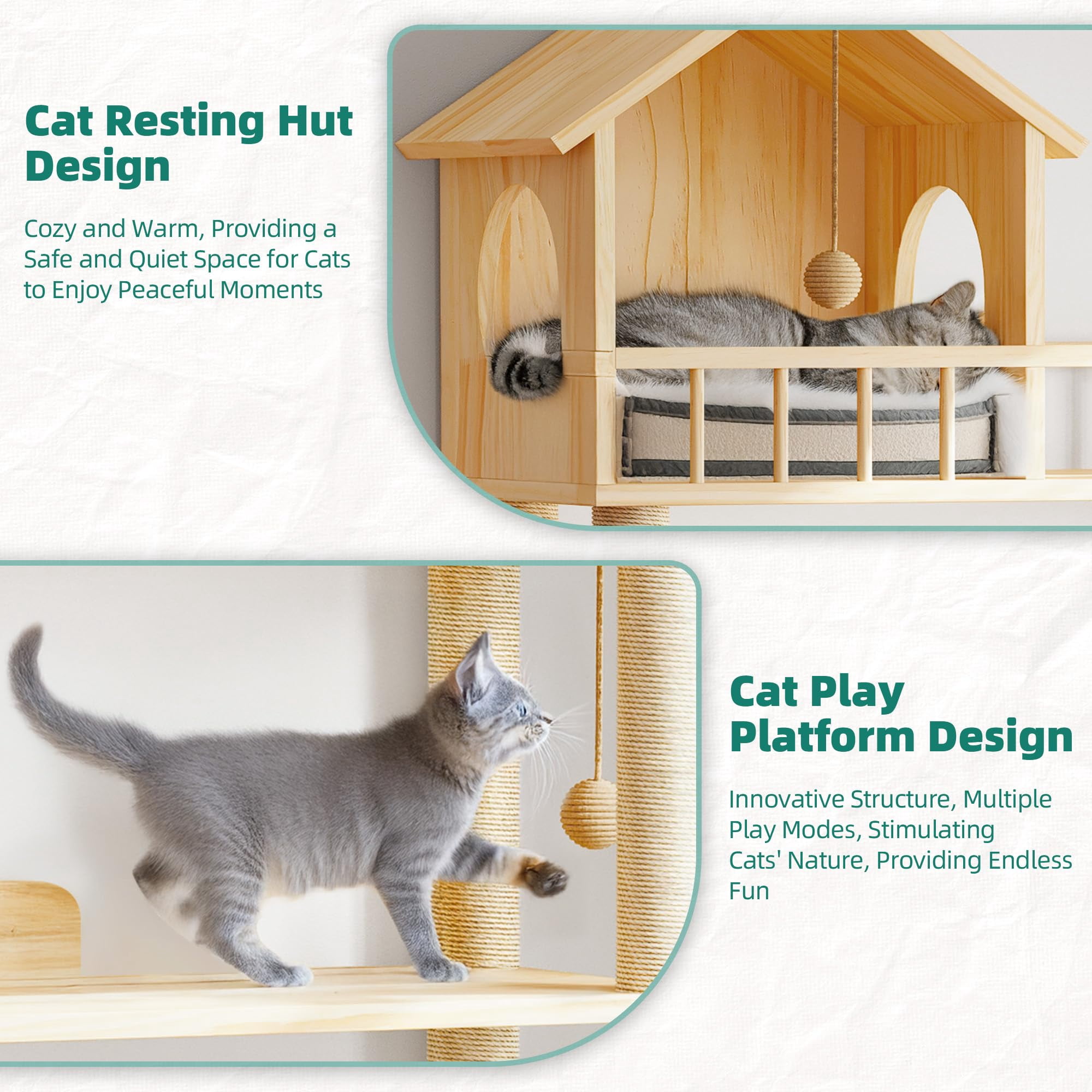 Wood Cat Tower For Automatic Litter Box  60"h Tree With Multi-level Solid Indoor Large Cats Tall Furniture W/cats House Burlywood