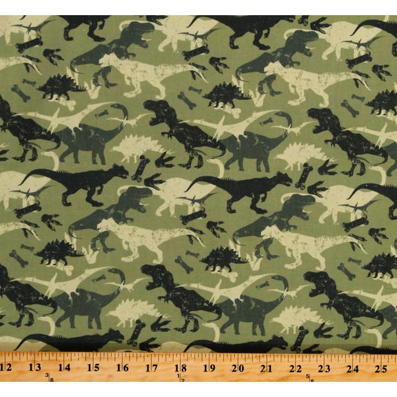 Cotton Camoflauge Dinosaurs Prehistoric Ancient Jurassic Green Cotton Fabric Print by the Yard (111639)