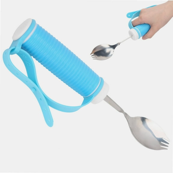 Adaptive Utensil, Elderly Aid Tableware 2 in 1 Fork Spoon, Wide Stainless Spoon, Weighted Utensils with Adjustable Strap for Adults, Arthritis, Tremors, Parkinsons, Blue Non-Slip Handle