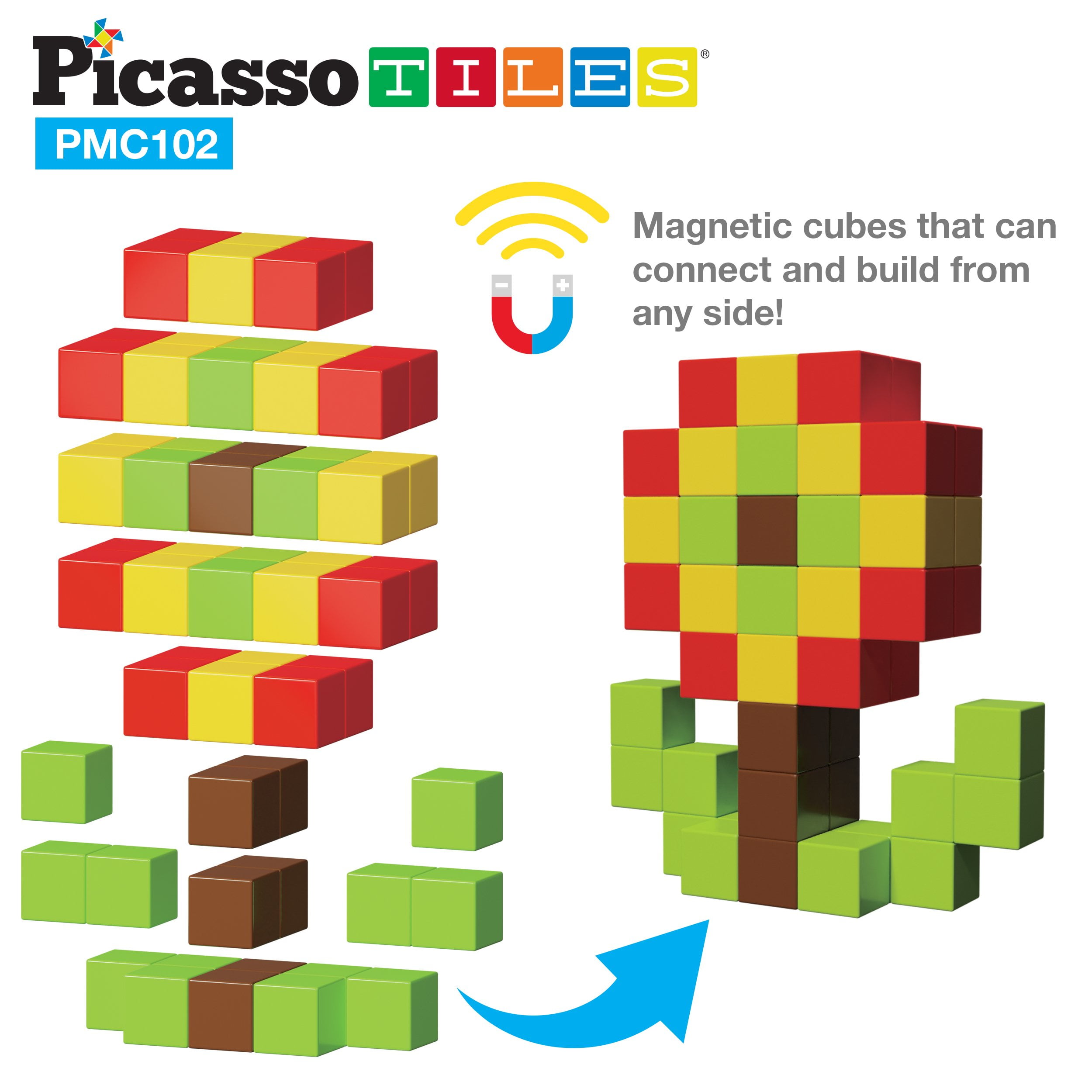 PicassoTiles 102 Piece Pixel Magnetic Puzzle Cube Set PMC102